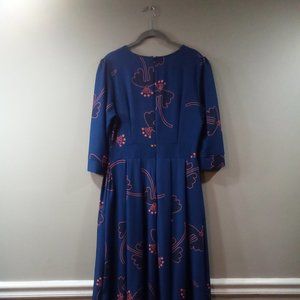 Ladies casual blue and orange dress with modern floral print 3/4 length sleeves